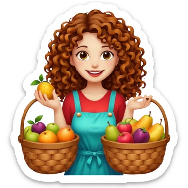 full body woman long curly brown hair brown eyes white skin tattoos holding basket of psychedelic fruits, teasing smile sticker