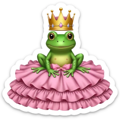 Brown bed with white sheets and a pink comforter.  In the bed sits a frog in a frilly little pink dress, wearing a crown and sitting like a frog would normally sit. sticker