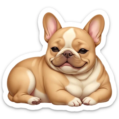 Cinematic Meme-Worthy Chubby Sleeping Fawn French Bulldog Portrait Emoji, Head resting peacefully with a contented smile, showcasing a delightfully chubby build and a luxuriously soft fawn coat, eyes shut in a serene nap, Simplified yet hilariously adorable features, highly detailed, glowing with a soft, drowsy light, high shine, relaxed and utterly lovable, stylized with an air of playful laziness, bright and heartwarming, soft glowing outline, capturing the essence of a comically sleepy companion, so meme-worthy it feels like it could instantly become the next viral sensation of adorable slumber! sticker
