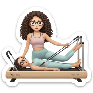 Memoji-style girl with long dark brown curly hair, round glasses, large brown eyes, soft rounded face,makeup, warm beige skin tone, wearing Pilates activewear performing Pilates and reformer Pilates exercises on a reformer machine, pastel color palette, smooth soft shading sticker