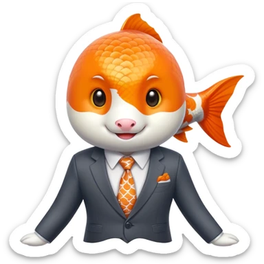 A charming and professional koi fish character, sleek rounded body with orange and white patterns, expressive eyes, friendly smile, wearing a neat business suit, white shirt, and tiny tie sticker