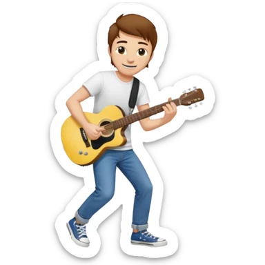 yellow skin Guy with brown hair, white tee, blue jeans and black converse playing a guitar sticker