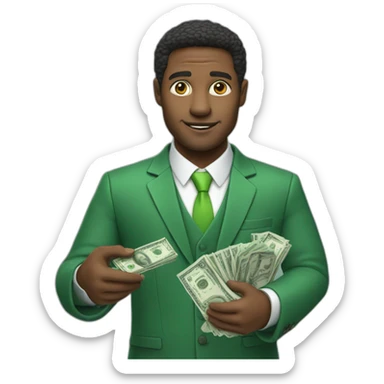 A businessman holding an iPhone with a green screen in his right hand and a pack of money in his left hand sticker