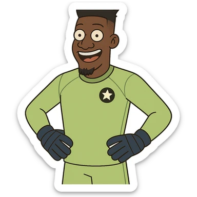 Cartoon André Onana, standing with football gloves, smiling, goalkeeper kit sticker