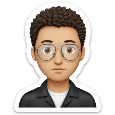 Man with small face and prominent forehead, teardrop-shaped aviator glasses, totally shaved sides with very minimal dark curly hair only on top, light brown complexion, gentle expression, black button-up shirt sticker