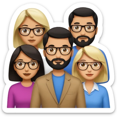 A man with hair and glasses and  a woman with long brown hair and a man with a beard and a woman with a blonde bob sticker