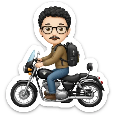 A young boy DEVELOPER WITH A backpack, black curly short hair, wearing glasses, a thin goatee, his skin is white, riding a motorcycle sticker