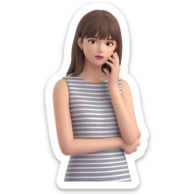 emoji-style cartoon of a fashionable woman wearing a sleeveless grey-and-white striped dress, straight medium brown hair with bangs, gently touching her face, neutral or confident look, compact proportions, colorful and smooth, minimal background sticker