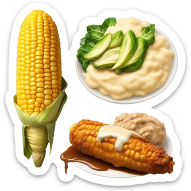 corn on the cob, chicken and  smothered chicken mashed potatoes and gravy, roasted brussel sprouts  sticker