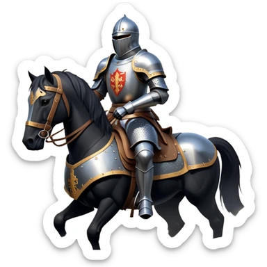 clash-of-clans-aesthetic_-cinematic-fearsome-and-majestic-knight-bust-portrait-emoji, rendered in a flat, vector-style with minimal shading and bold, simplified shapes, depicting a battle-ready medieval knight with steely eyes and intricate armor, riding on a black warhorse looking regal reflecting sunlight over a misty battlefield. sticker