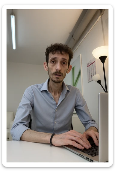 uomo che ha perso massa ed è piatto muscolarmente, lui è in piedi e si vede il fisico debilitato sticker