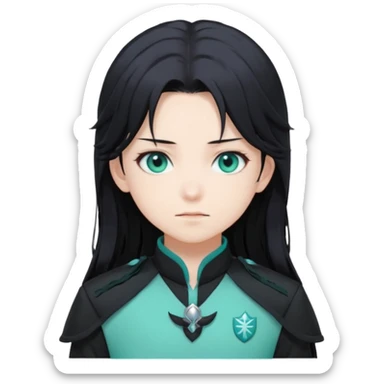 Tokito Muichiro emoji style — calm boy with long black hair fading mint green, turquoise eyes, pale skin, dreamy face, wearing dark Demon Slayer uniform, black + teal tone, anime cute clean style. sticker