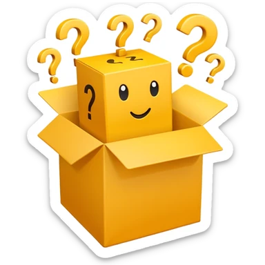 white box printed with q&a over stuffed with yellow question marks sticker