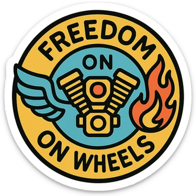 circular motorcycle cap design with the English phrase 'Freedom on Wheels', featuring motorcycle motifs like motor, wing, flame, freedom style sticker