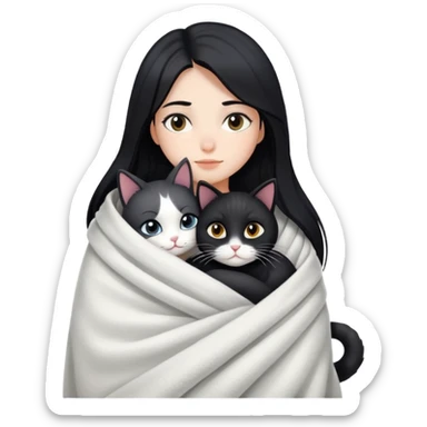 A girl with fair skin and long black hair wrapped in a blanket hugging a black and white cat sticker