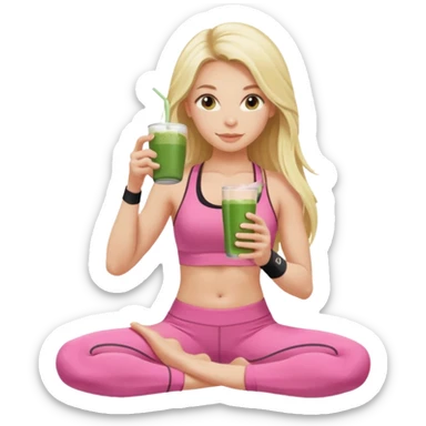long haired blonde pilates instructor in pink drinking matcha in cute set with no straps and tattooed sticker