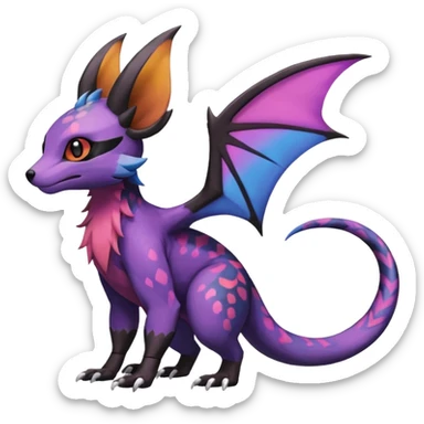 Rare epic aesthetic colorful Noivern-Salandit-Noibat-Eevee-Civet-species-Fakemon-hybrid-creature, with markings, full body sticker