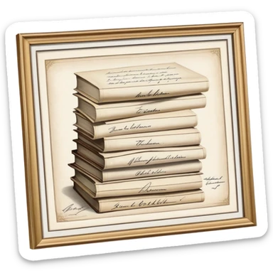 Icon for Autograph Collecting: several vintage framed with signatures of famous celebrities sheets stacked one on top of the other, each . The icon should evoke the charm and history of collecting autographs. Transparent background. sticker