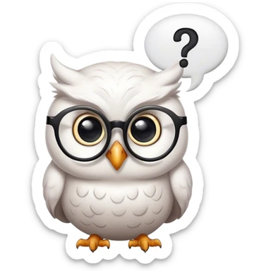 White elegant owl with glasses on looking at a puffy black question mark in a white thought bubble sticker