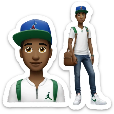 Jeune garçon clair de peau avec un taper des Jordan 4 un outfit américain des bijoux pour homme et une sacoche Lacoste  sticker