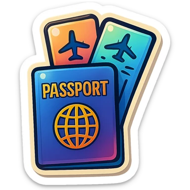 playful retro sticker-style illustration of a passport with two airline tickets fanned out from the top, bold outlines, smooth forms, and glossy expressive highlights sticker
