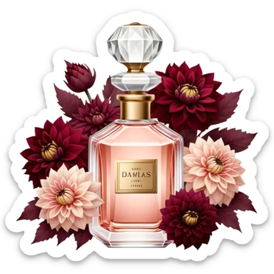 A luxurious glass perfume bottle in Soft Blush with a delicate vintage design, surrounded by a rich arrangement of Scarlet and Burgundy Dahlias, reflecting the beauty of deep red hues. sticker