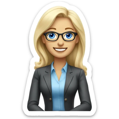 Corporate blonde boss lady with glasses happy blue eyes sitting at a desk sticker