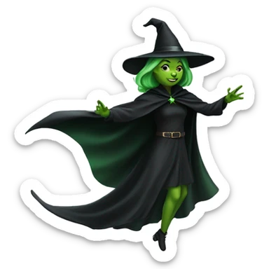 Flying green witch with black cape sticker