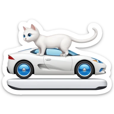 Please create a small emoji the size of 🚗 featuring a pure white cat with blue eyes on a white car side angle. sticker
