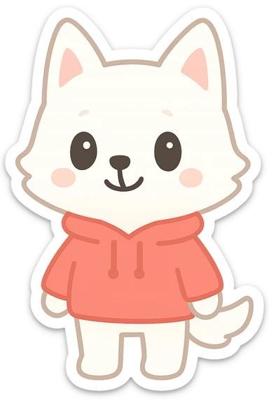white wolf dressed in a red hoodie, cute style sticker