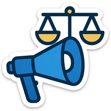 minimalist icon for advocacy consulting firm, stylized megaphone and scales of justice, navy blue white gold accents, symbolizes empowerment influence positive change sticker
