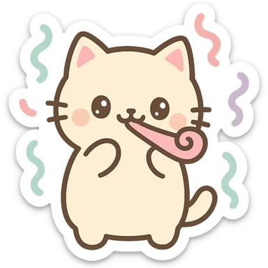 a happy cat with a party horn and streamers, cute kawaii style sticker