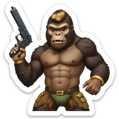 A gorilla holding a gun in the air with a Xbox controller  sticker