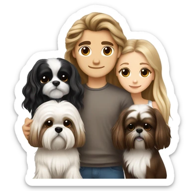 A couple, one very beautiful white  girl with very long volume hair brown and blond and one white boy with perfect brown hair that hugs her and also hugs two little dogs shih tzu black and white sticker