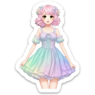 gorgeous pretty attractive anime lady beautiful pastel-gradient hair with gorgeous dress fairycore cottagecore pastelcore detailed high quality trending VOGUE aesthetic full body sticker