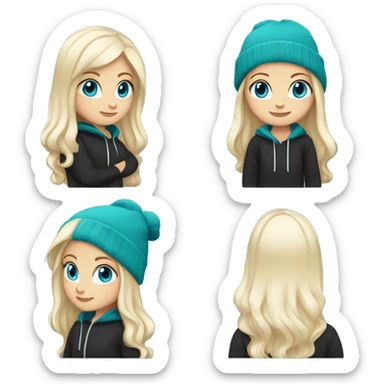 White girl, blue eyes, long teal hair, purple beanie hat, black hoodie, blue jeans, black shoes sticker