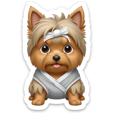 Small old yorkie wearing a diaper sticker