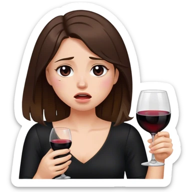 brunette hair down girl black top holding wine crying sticker