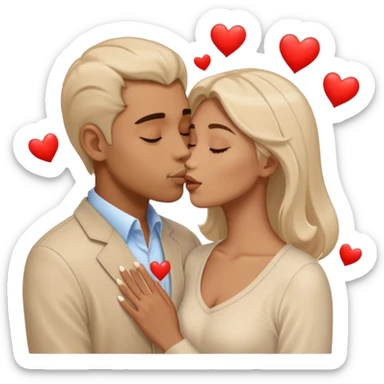 A man in pale beige clothes and a woman in pale beige clothes are kissing with white hearts sticker