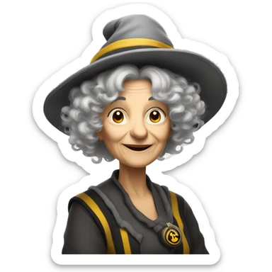 older woman with white skin, grey curly and wild hair, with a magic hat, hufflepuff sticker