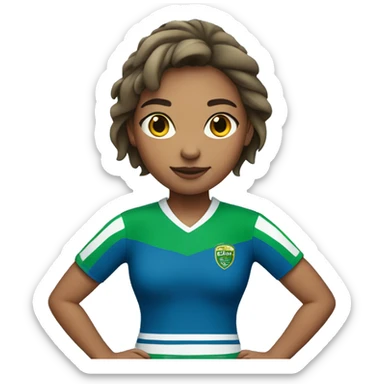 Girl wearing blue rugby sweater with two green stripes at the bottom sticker