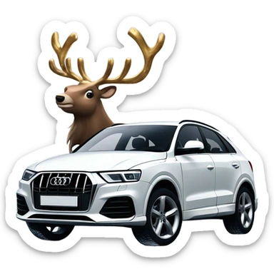 A sleek white Audi Q3 with shiny rims and modern headlights, parked in a snowy setting with a reindeer standing beside it, wearing a red collar with golden bells. sticker