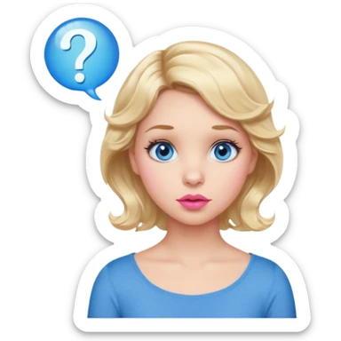 Girl Blonde short wavy hair,  blue eyes, cute blue top, long lashes, pink lips, question mark bubble sticker