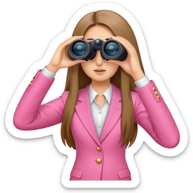 woman with long hair in a pink suit looking through binoculars, front view sticker