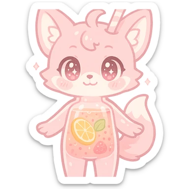 full-body chibi pastel pink fox-blender hybrid with transparent body showing a fruity smoothie inside, sparkling eyes, transparent background sticker