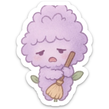 chibi fluffy style soft lavender flower in gentle purple, hugging a small broom, with an exhausted expression, full-body sticker