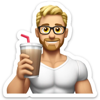 caucasian white muscled guy drinking a protein shake, half body shirtless, wear glasses sticker