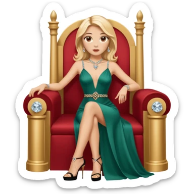 Lilith symbol light brown eyes. Woman of justice and power. Shoulder  length blonde haired  woman with Gucci, and designer bags next to her. Wearing long elegant dress with slit, sitting on a throne and diamonds everywhere around her. Black Platform high heels on feet. designer bags around her.  sticker