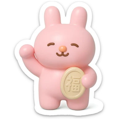 pink bunny holding lucky charm and pumping fist, vinyl figure style sticker