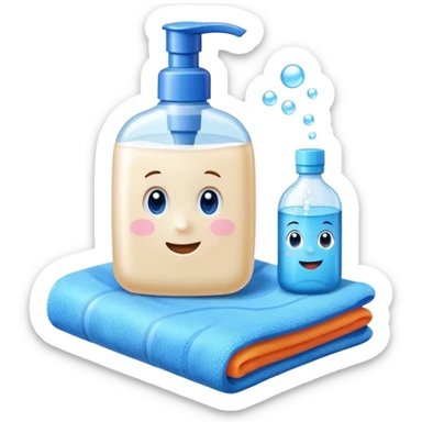 Soap, washcloth and kids shampoo sticker